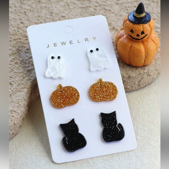 Festive Halloween Earrings 3 piece Set - Ghost, Pumpkin, Black Cat SPARKLY NWT - Picture 1 of 3